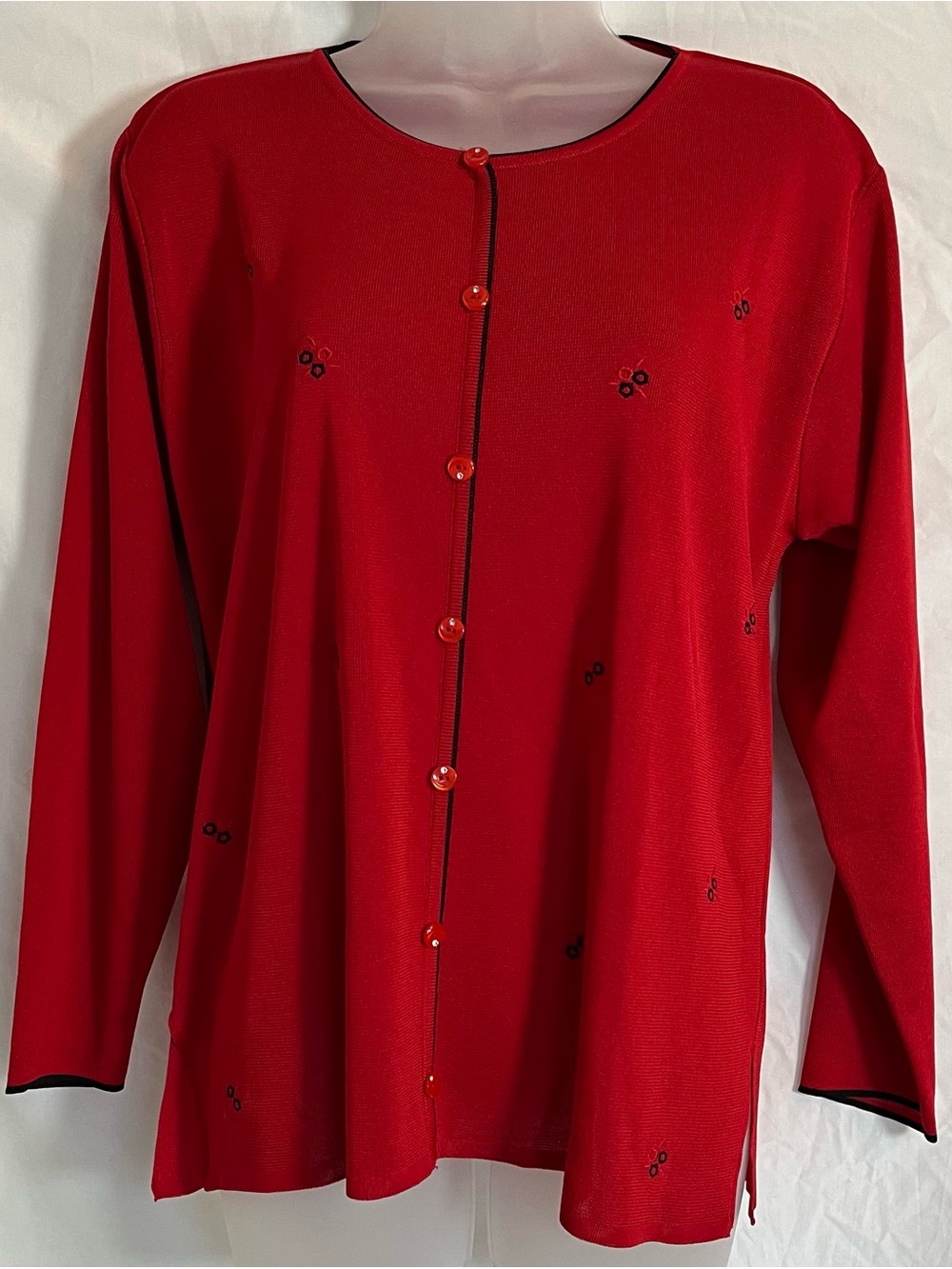 Vintage Clara S Red Candy Button Front Knit Top Blouse Side Slit Small
